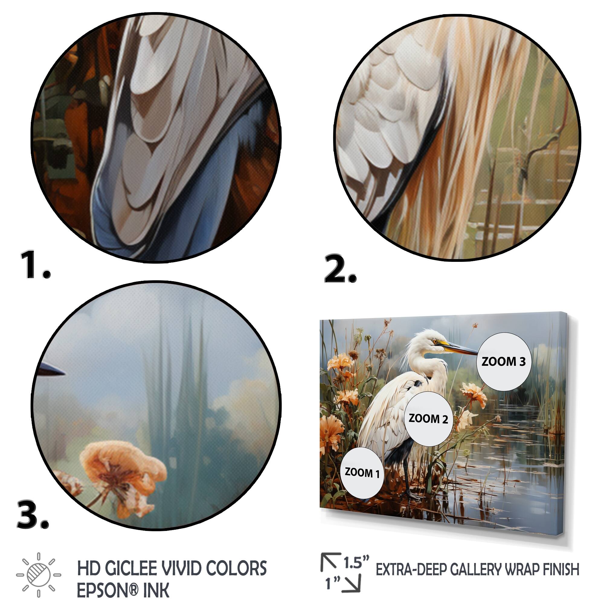 Designart "White Peach Heron Herons Haven" Animals Framed Canvas Art